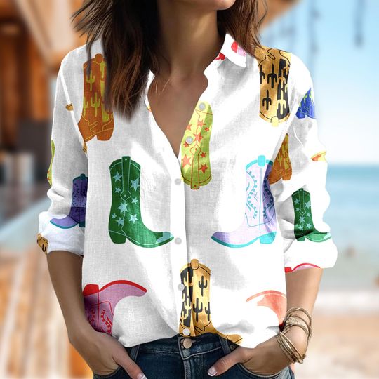 Colorful Cowboy Boot Blouses Women Shirt, Cowboy Boot Casual Women Shirt, Cowboy Boot Holiday Party Gift, Cowboy Shirt For Her