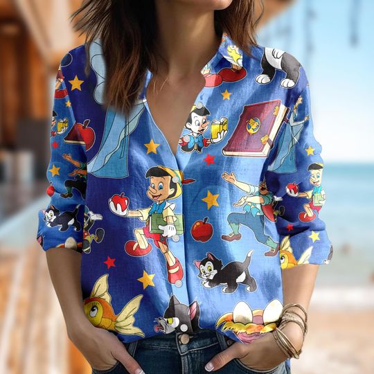 Disney Pinocchio Blouses Women Shirt, Pinocchio Button Up Shirt, Fantasy Movie Casual Women Shirt, Pinocchio Cartoon Summer Trip Shirt
