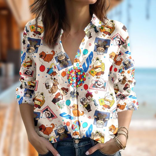 Disney Up Movie Blouses Women Shirt, Up Cartoon Casual Women Shirt, Disney Cartoon Summer Trip Shirt, Carl and Ellie 3D All Over Print Shirt