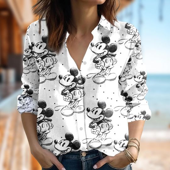 Disney Mickey Mouse Women Blouses Shirt, Mickey Mouse Casual Button Down Shirt, Cartoon Casual Women Shirt, Magic Kingdom Family Trip Shirt