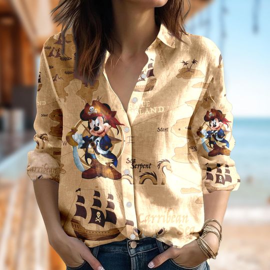 Disney Mickey Mouse Pirate Women Blouses Shirt, Mickey Casual Women Shirt, Magic Kingdom Button Down Shirt, Mouse Summer Trip Gift