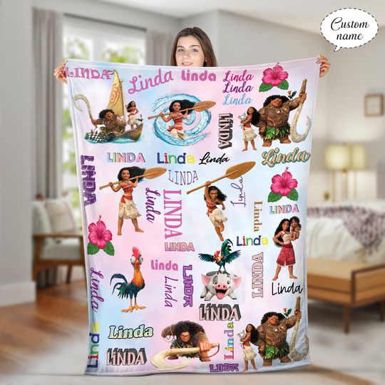 Personalized Watercolor Moana Princess Blanket, Custom Name Disney Moana Blanket, Disney Birthday Girl Gifts
