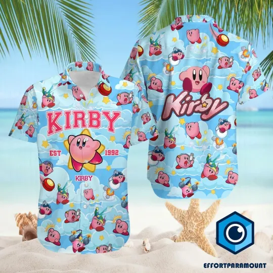 Pink Kirby Hawaiian Button Down Shirt Unisex Adult