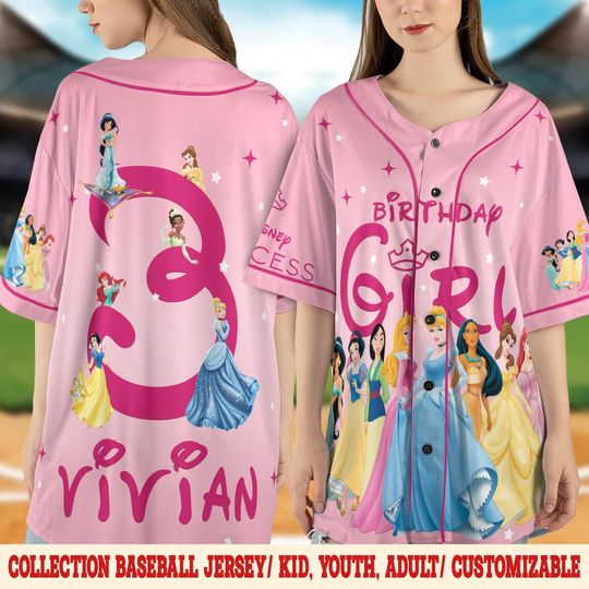 Personalized Disney Princess Birthday Basaball Jersey, Disneyland Princess Matching Jersey, Princess Cinde Snow White Rapunzel