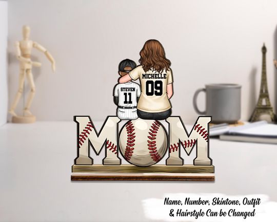 Baseball, Softball Mom And Kids Personalized Standing Wooden Plaque, Mother's Day Gift For Wife, Gift For Mom,Baseball Lover,Baseball Player