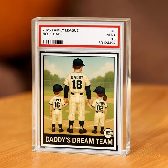Baseball No. 1 Dad Grandpa Man & Kids Trading Card Style, Acrylic Block Plaque, Daddy's Dream Team, Sports Father's Day Gift for Dad