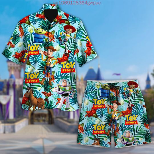 Disney Woody Hawaiian Shirt Shorts Set, Toy Story Buzz Lightyear Summer Men's Women's Casual Short Sleeve Beach Shirt Suit