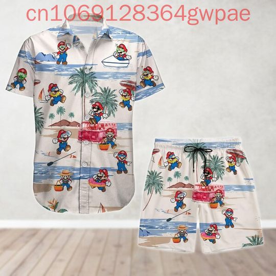 Super Mario Men's Women Hawaiian Shirt Shorts Set, Vintage Button Up Shirt Shorts Casual Set Summer Mario Bros Shirt Set