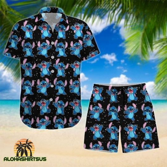 2025 New Disney Hawaii 3d Printed shirt New men's and women's fashion Cute Stitch Boys button short sleeve shorts set Disney Bea