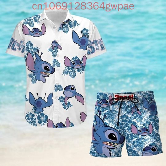 Disney Surf Stitch Hawaiian Shirt and Beach Shorts Set Mens Women Summer Casual Vacation Short Sleeve Shirt Pants Suit