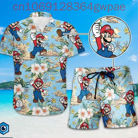Super Mario Men's Women Hawaiian Shirt Shorts Set Vintage Button Up Shirt Shorts Casual Set Summer Mario Bros Shirt Set