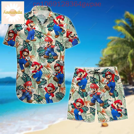 Discover Mario Bros Men's Women Hawaiian Shirt Shorts Set Vintage Button Up Shirt Shorts Casual Set Super Mario Summer Hawaiian Shirt Set