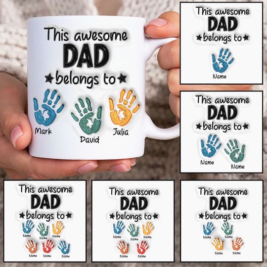 Best Dad 3D Inflated Mug, Custom Dad Handprint Up to 6 Kids Mug, Dad Mug, Fathers Day Coffee Mugs