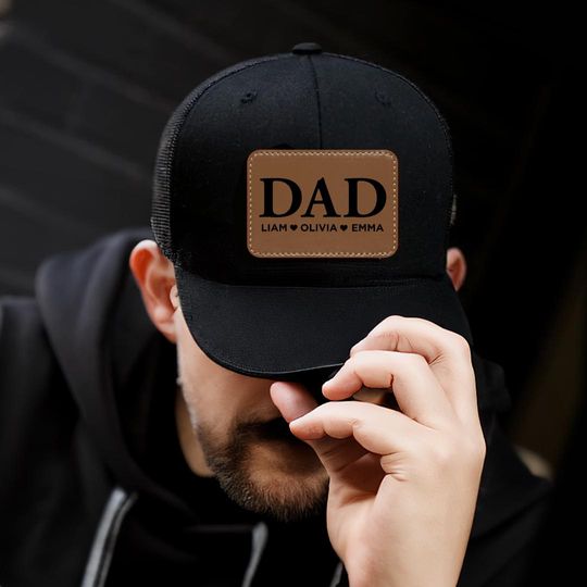 Personalized Dad Hat with Kids Names, Custom Leather Patch Baseball Cap, Fathers Day Gift, Custom Dad Caps, Unique Dad Gift, Dad Trucker Hat