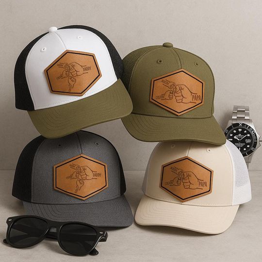 Dad Fist Bump Hat, Custom Dad Hat with Kids Name, Fathers Day Gift for Dad or Grandpa, Personalized Leather Patch Trucker Hat, New Dad Gift