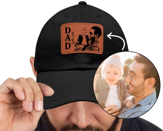 Custom Photo Hats for Dad, Leather Patch Hat, Fathers Day Gift, Dad Gift from Daughter Son, Custom Portrait from Photo, Dad Baseball Cap Men