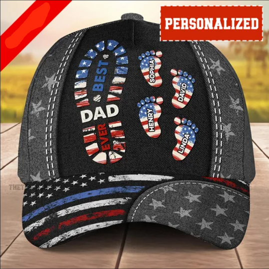 NEW! Best Dad Ever - Personalized US Flag Baseball Cap, Custom Name Patriotic Classic Cap, Father's Day, Adjustable Cap for Daddy, Grandpa