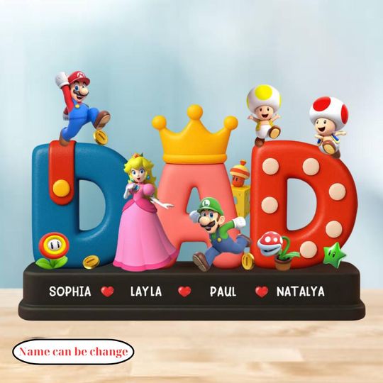 Super Mario Dad Figurine Gift, Cute Acrylic Plaque with Kids' Names, Gamer Dad Father's Day Gift