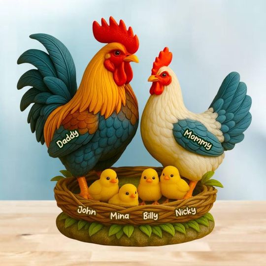 Chicken Family Figurine Plaque, Custom Mom and Dad with Chicks, Cute Gift from Kids, Family Acrylic Plaque Gift