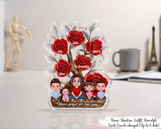 Mom Grandma And Kids Sitting Under Tree With Roses Personalized Acrylic Block Plaque, Happy Mothers Day Gift, Gigi Birthday Gifts From Kids