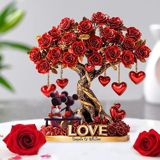 Tree of Love Personalized Acrylic Plaque, Mouse Couple Under Rose Tree Clear Plaque, Cartoon Mouse Decor Plaque, Gift for Her