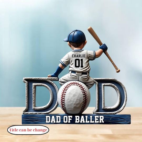 Dad Of Baller Baseball, Custom Name Acrylic Plaque Gift For Sporty Father, Minimal Design Keepsake