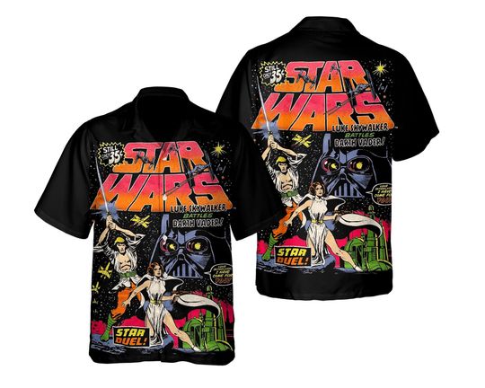 Discover Luke Skywalker Battles Darth Vader Hawaiian Shirt, Star Wars Space In-Vaders Hawaii Tee, Galaxy's Edge Hollywood Studios, Family Summer Trip