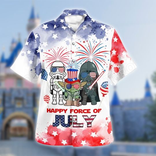 Discover Star Wars Happy Force Of July Hawaiian Shirt, Stormtrooper Yoda Darth Vader July Fourth Button Up, Movie Character Tee, Independence Day