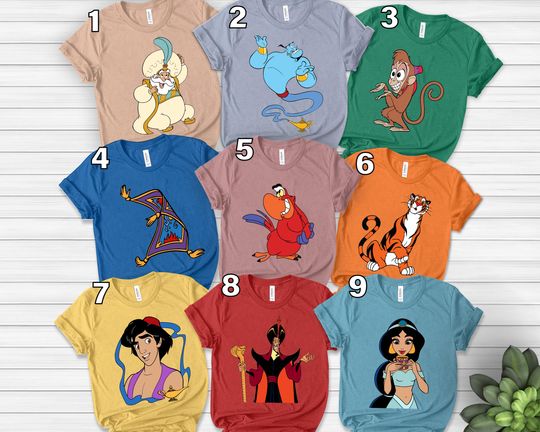 Disney Aladdin Characters Group Custom tshirt, WDW Magic Kingdom Trip Unisex T-shirt Family Birthday Gift Adult Kid Toddler Tee
