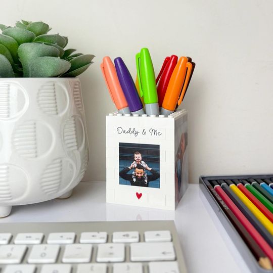 Personalised Daddy & Me LEGO Brick Desk Pencil Pot, Gift for Dad, White, Tidy, Puzzle, Gift, Him, Fathers Day, Office, Business, Stationary