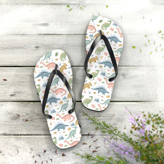 Discover Dinosaur Print Flip Flops - beach sandals, shower shoes, casual footwear, poolside
