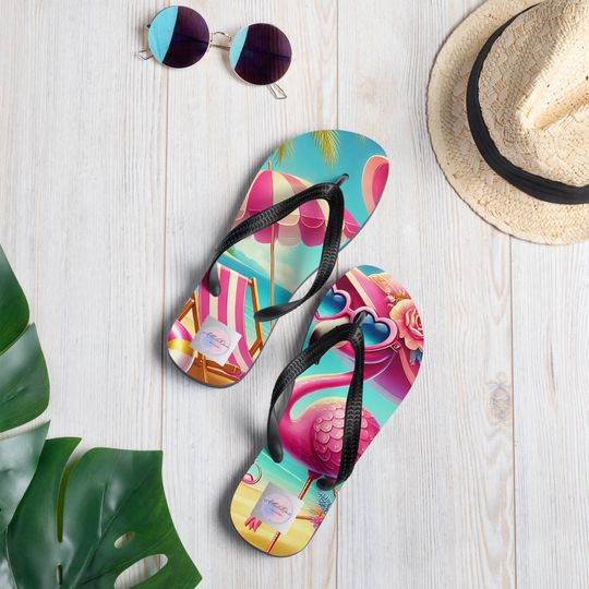Pink Flamingo Flip-Flops, Unique Summer Footwear, Stylish Beach Sandals, Summer Gift for Her, Fun Pool Slides, Unique Beach Sandals