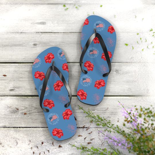 July 4th in the Tropics Festive Flip Flops Summer Sandals Memorial Independence Day Red White Blue Fireworks Hibiscus American Flag Sandals