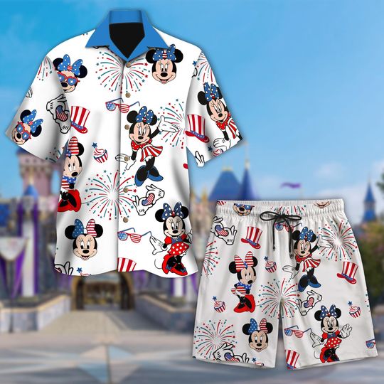 Disney Minnie Mouse 4th July Hawaiian Shirt, Animated Character July Fourth Button Up Shirt, Minnie Mouse Family Group Tee, Independence Day