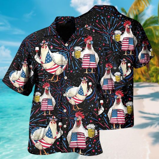 Funny Chickens Beer 4th Of July Hawaiian Shirt, Chicken America Hawaii Shirt, 4th Of July Button Up Shirt Holiday, Chicken Hawaiian Shirt
