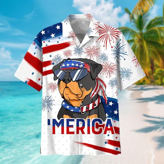 Rottweiler Dog Merica Independence Day Usa Flag Hawaiian Shirt, Rottweiler Dog Hawaii Shirt, Dog 4th Of July Button Up, Dog Lover Shirt