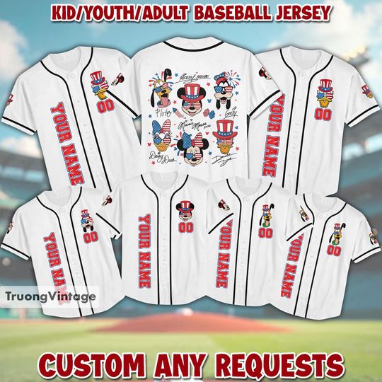 Personalized Disney 4th of July Baseball Jersey, Disney Party Jersey, Disney America Jersey, Disney Minnie Mickey, Disney Matching Shirts