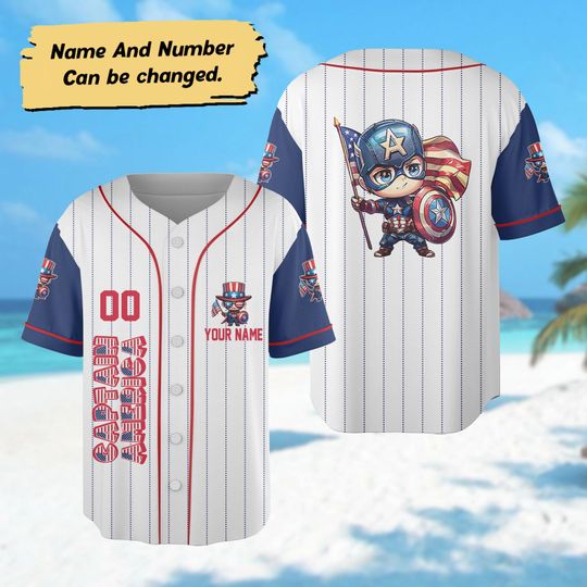Personalized Captain America 4th July Baseball Jersey, Custom Marvel Captain America Independence Day Baseball Jersey, Superhero Jersey