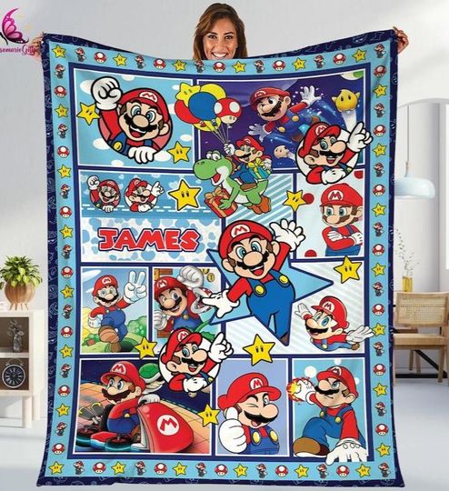 Personalized Super Mario Blanket, Mario Bros Blanket, Mario Video Games Gift, Gift For Birthday Boys
