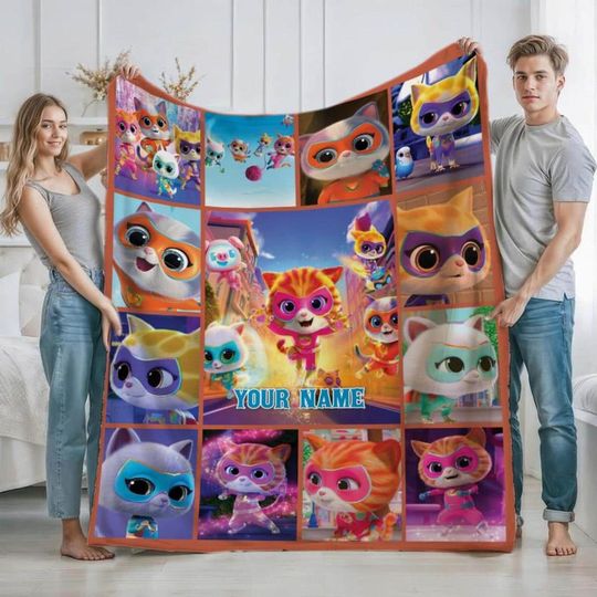 Personalized Superkitties Blanket, Super Kittie Companion Bitsy Ginny Sparks Hero Blanket, Cat Lover Gift, Superhero Kitties Birthday Gift