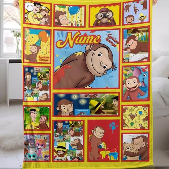 Personalized Curious George Blanket, Custom Name George Monkey Blanket, Curious George Birthday Gifts, Bedding Blanket