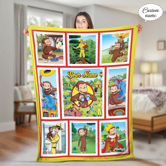 Custom Name Curious George Baby Blanket, Monkey Lover Blanket, Curious George Monkey Gift, For Birthday, Sofa Blanket