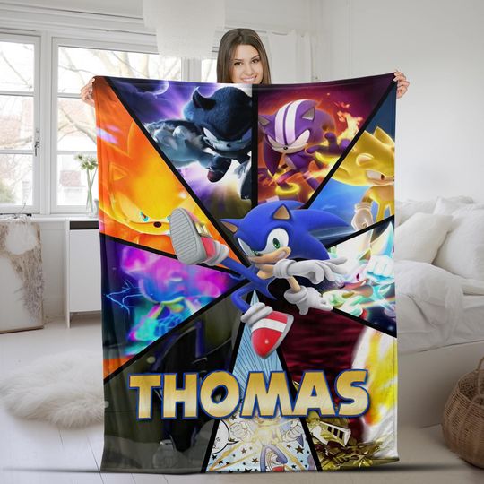 Sonic The Hedgehog Custom Blanket  Personalized Name Blanket for Kids, Minky Sherpa Throw, Sonic Birthday Gift, Gamer Boy Blanket