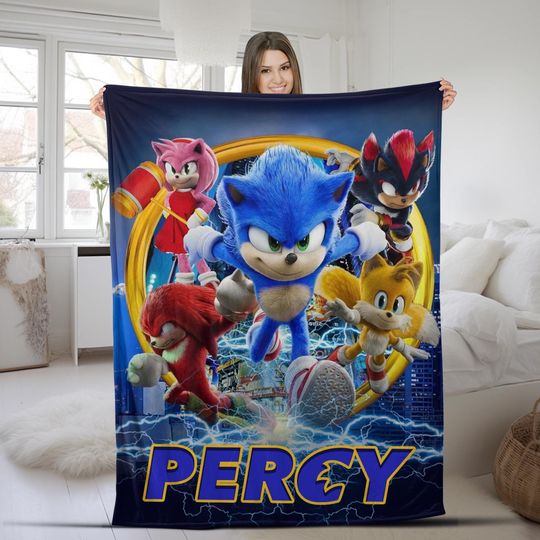 Custom Sonic The Hedgehog 3 Blanket/Personalized Cartoon Hedgehog Minky Sherpa Blanket/Custom Name Blanket/Sonic Birthday Blanket