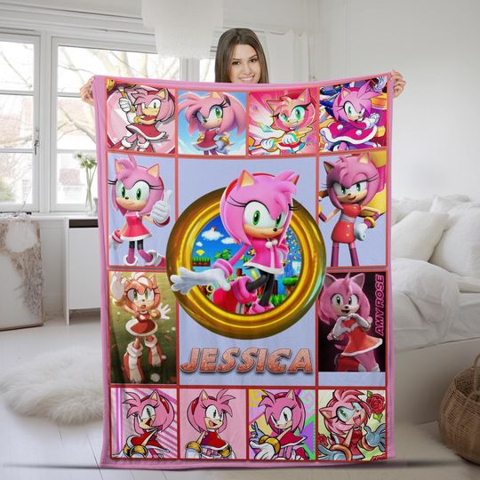 Custom Amy The Hedgehog Blanket, Personalized Cartoon Hedgehog Minky Sherpa Blanket, Custom Name Blanket, Sonic Blanket, Birthday