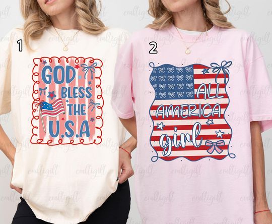 Coquette Bows Patriotic America Girls Shirt, God Bless The USA Ribbons Shirt, 4th Of July Family Shirt, Happy Independence Day Women Shirt