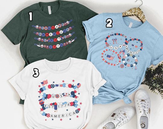 Fourth Of July Bracelet Girls Shirt, America Friendship Coquette Bows Shirt, Independence Day Patriotic Girls Outfit, USA Est 1776 Bow Shirt