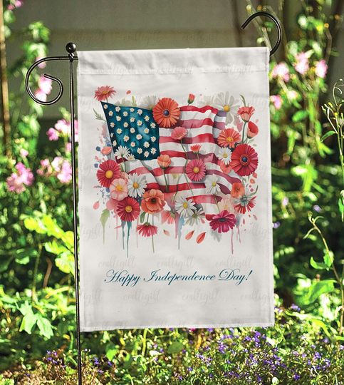 Floral Red White Blue America Flag, Flower Usa 4Th Of July Garden Flag, America Est 1776 Independence Flag, One Nation Under God Flag