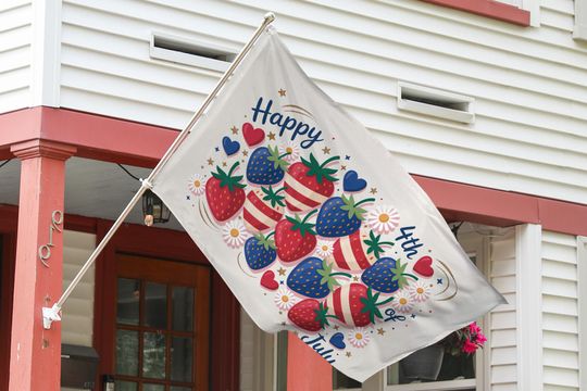 Patriotic Strawberry 4th Of July House Flag, Stained Glass Red White Blue Strawberry House Banner, Independence Day Outdoor Decor