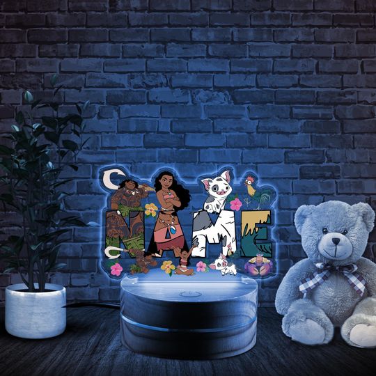 Personalized Disney Moana Night Light, Disney Princess Moana 2 Movie Birthday Girl Room Decor, WDW Disneyland Gifts, Maui Hei Hei Pua